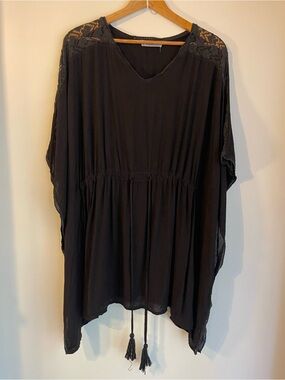 Salty Lemon Black Crochet Lace Cinch Kaftan Top XL